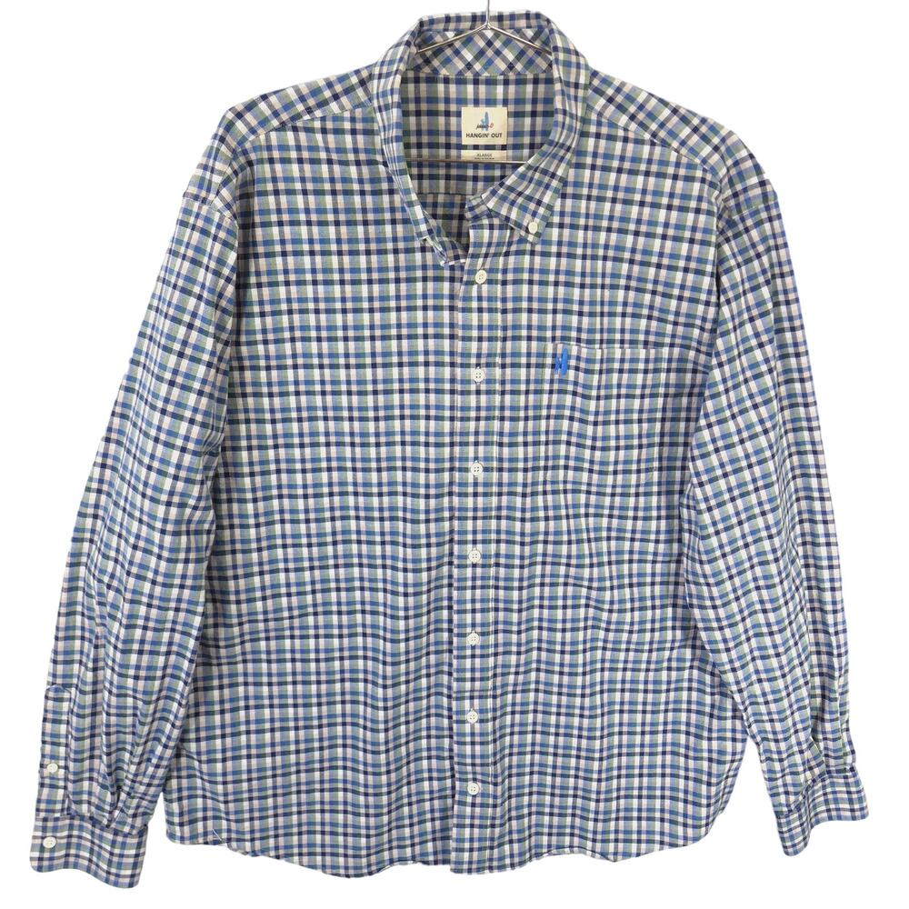 Johnnie O Shirt Mens XL Blue Green Plaid Yellowstone Stretch Oxford Long Sleeve